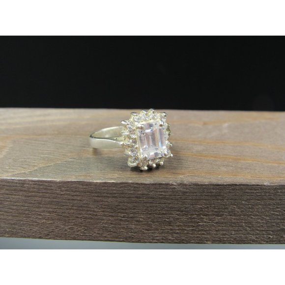 Size 7.75 Sterling Silver Tarnished Face Emerald Cut CZ Halo Band Ring - Picture 2 of 9